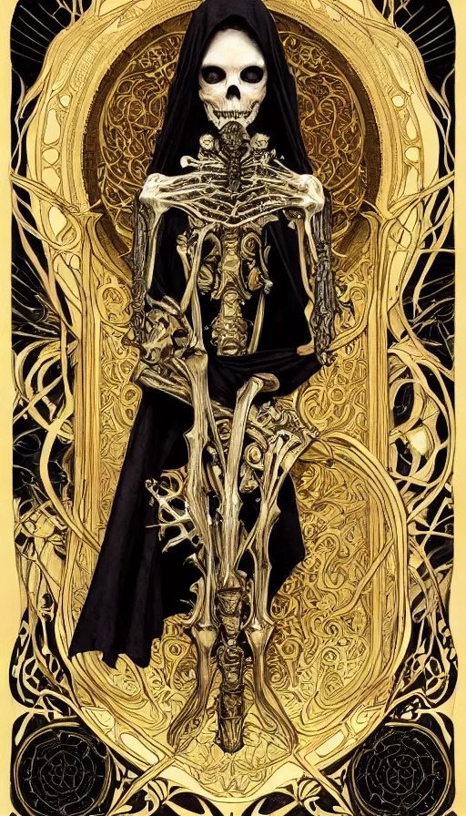 Image similar to a skeleton in a black cloak, highly detailed, very intricate, art nouveau, gold filigree, left right symmetry, tarot concept art watercolor illustration by mandy jurgens and alphonse mucha and alena aenami, featured on artstation