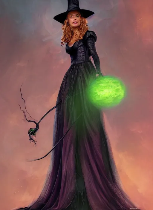 Image similar to beautiful female witch, rebecca romijn as wicked witch of the west, full body character concept, evil, powerful, magic, art nouveau, super powers, fantasy, intricate, elegant, mistique, horrifying, highly detailed, digital painting, artstation, concept art, shining, sharp focus, illustration, art by stanley lau