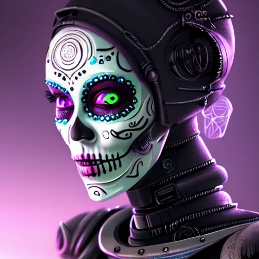 Image similar to ultra detailed, portrait of Female Android, dia de los muertos, scifi, cyberpunk, fantasy, intricate details, eerie, movie still, airbrush, matte painting, professional digital painting, artstation, concept art, smooth, sharp focus, no blur, no dof, extreme illustration, Unreal Engine 5, Photorealism, HD quality, 8k resolution, cinema 4d, 3D, beautiful, cinematic, art by artgerm and Godmachine and michael welan and DZO and greg rutkowski and alphonse mucha and loish and WLOP