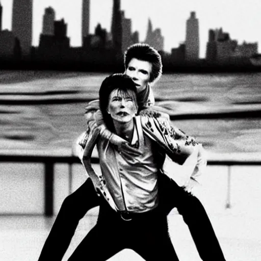 Image similar to david bowie from changes giving a piggy back ride to ziggy stardust. as a photograph with new york in the background