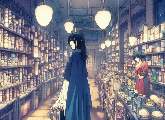Prompt: anime, portrait of a young woman in a alchemist's potion shop interior shopping looking at a glowing potion, satoshi kon, psyho pass, ghost in the shell, dynamic pose and perspective, moody, detailed facial features, kyoani, rounded eyes, sharpened image