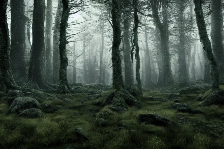 Image similar to dense woodland landscape, English forest, Irish forest, scottish forest, perspective, folklore,King Arthur, Lord of the Rings, Game of Thrones. ultra photoreal , photographic, concept art, cinematic lighting, cinematic composition, rule of thirds , mysterious, eerie, cinematic lighting, ultra-detailed, ultrarealistic, photorealism, 8k, octane render, Albert Bierstadt