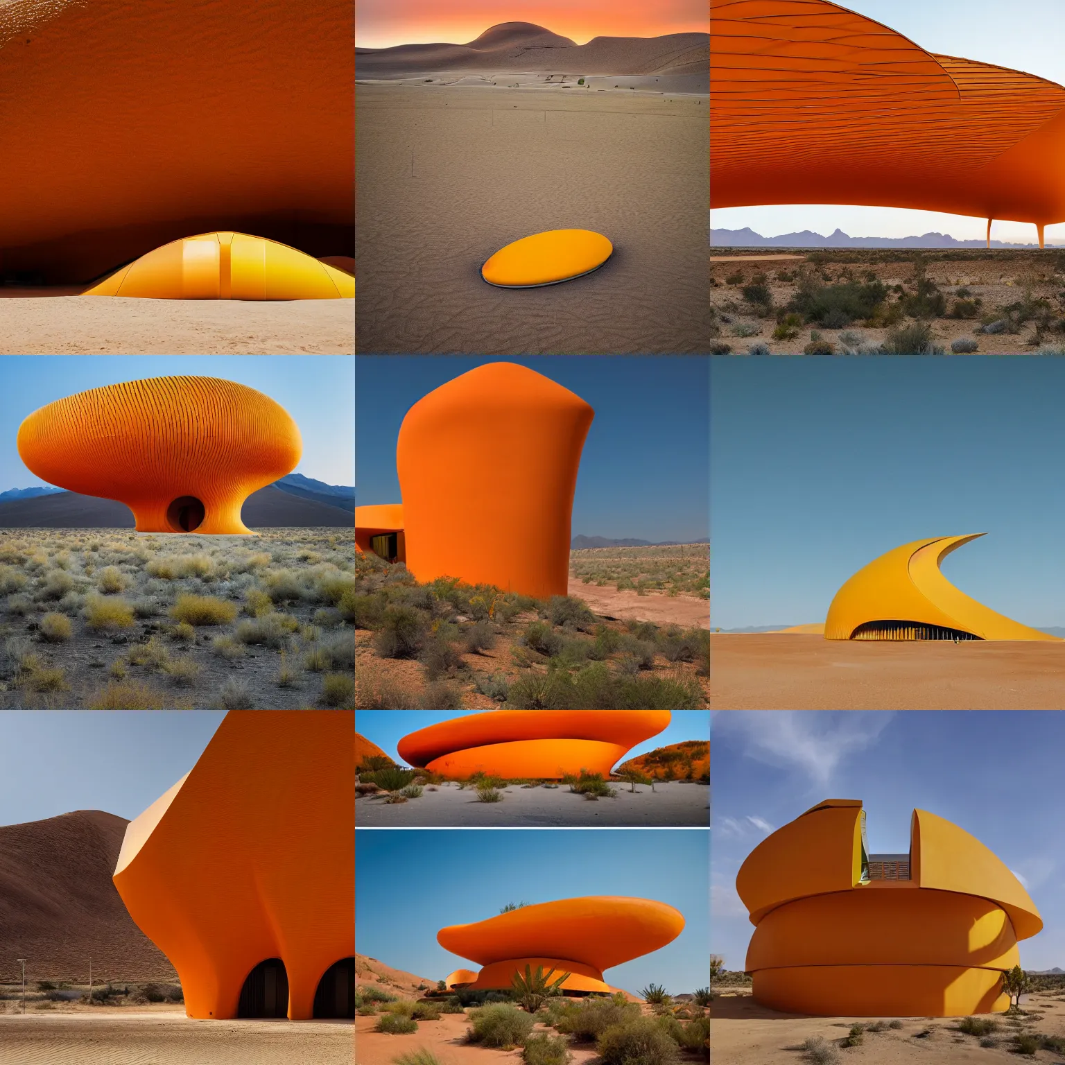 Prompt: archdaily architectural photography of a fun long building that looks like an orange and yellow lizard in the middle of a desert by norman foster