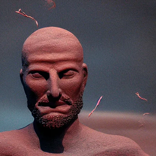 Prompt: cinematic still of a gust of wind blowing red clay into the shape of a red clay sculpture of 30 year old middle eastern man head and shoulders, strong, muscular, mysterious, fantastical, miraculous, epic, light rays, cinematic, Biblical epic directed by Steven Spielberg