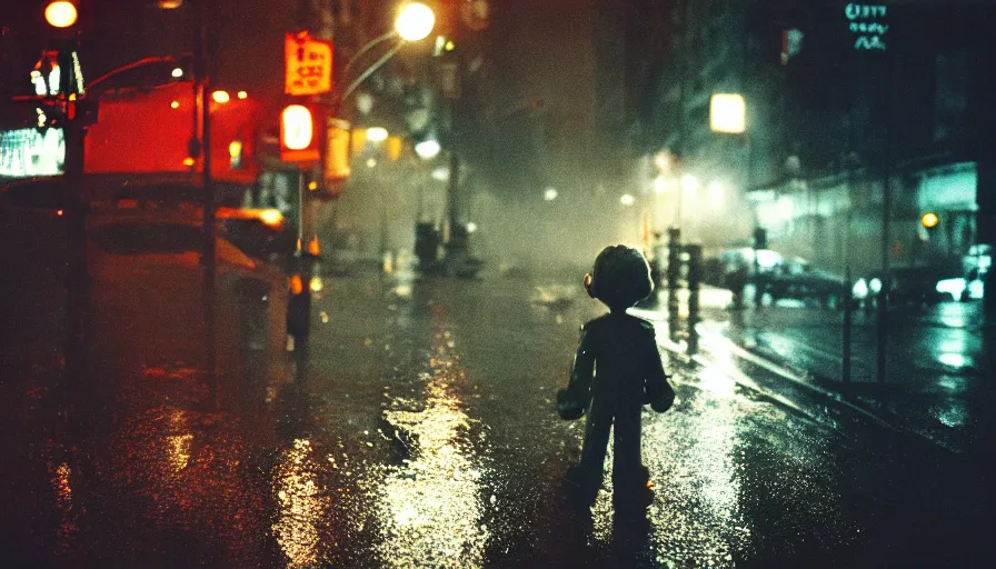 Image similar to street of new york, photography, night, rain, mist, a screaming chucky doll, cinestill 8 0 0 t, in the style of william eggleston