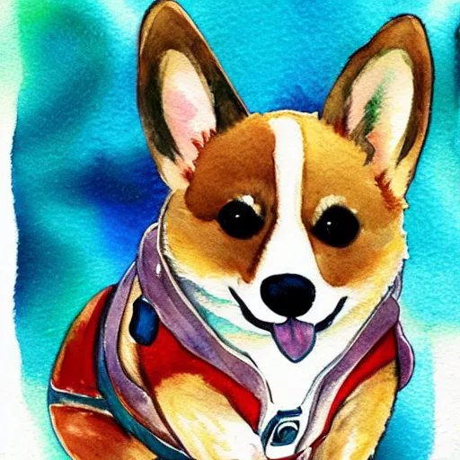 Prompt: watercolor painting of a cute corgi puppy cosmonaut in space, serene, beautiful, calm