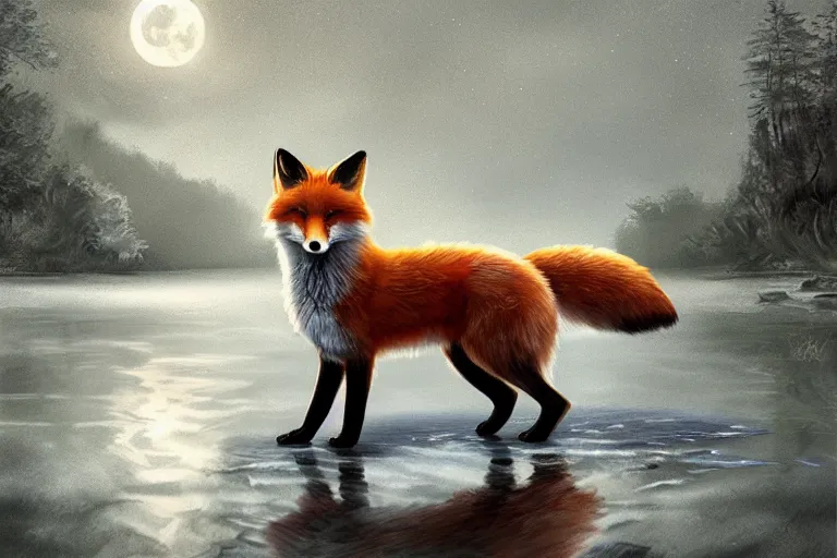 Image similar to A beautiful fox stands near a lake under the moonlight, highly detailed brush style, water reflections, soft fur, two pointed ears, thick fluffy tail, beautiful lighting, wildlife, digital art, trending on ArtStation