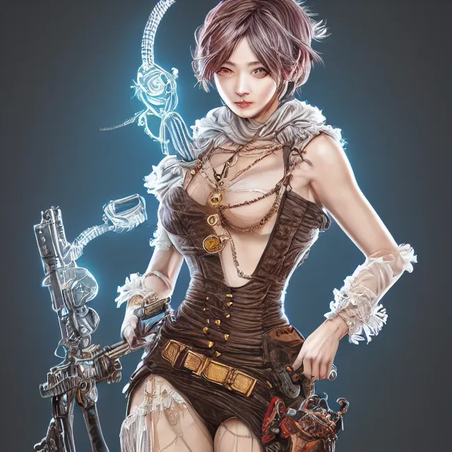 Prompt: the portrait of lawful neutral semi - colorful female hunter socialite as absurdly beautiful, gorgeous, elegant, young gravure idol, an ultrafine hyperdetailed illustration by kim jung gi, irakli nadar, intricate linework, bright colors, octopath traveler, final fantasy, unreal engine 5 highly rendered, global illumination, radiant light, detailed and intricate environment