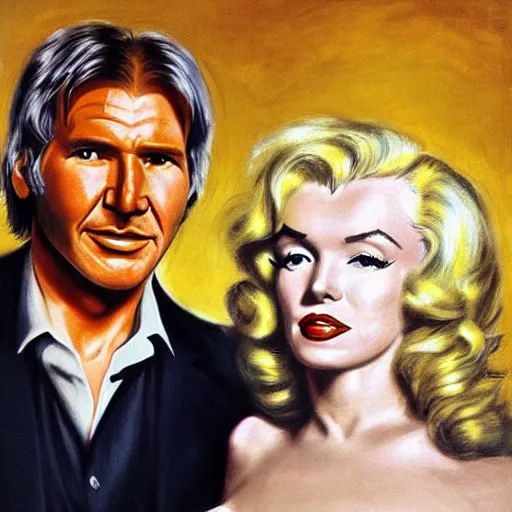 Image similar to a beautiful portrait of Harrison ford and his secretary Marilyn Monroe with long golden blond curly hair gazing warmly at the viewer, golden hour, cool tones, pale skin, by Peter Paul Rubens