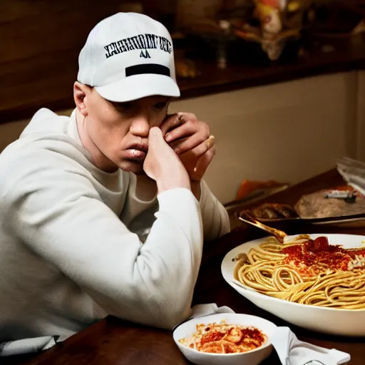 Prompt: eminem eating his mothers spaghetti, looking sad, 4k, photography, detailed, detailed face, sharp, cinematic lighting