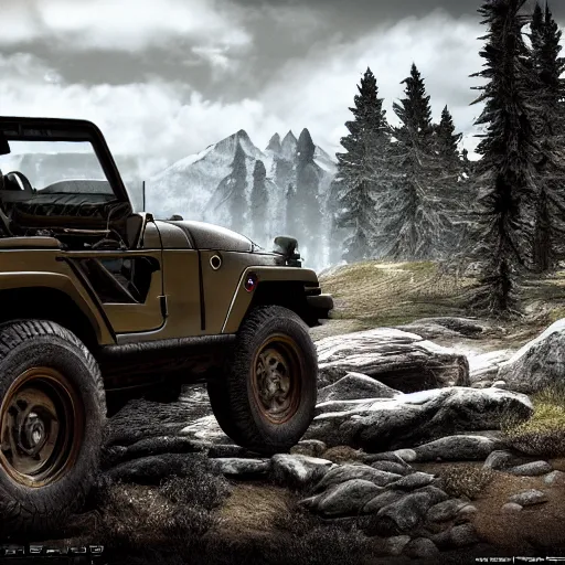 Image similar to Jeep, Professional Photography, Skyrim, Off-roading, Mountain landscape, dirt, road, cinematic color, photorealistic, highly detailed wheels, highly detailed