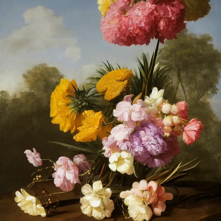 Image similar to still life painting of a beautiful bouquet of flowers by pieter claesz, palm trees in the background, oil on canvas, strong lighting, highly detailed, hyper realism, golden hour, god rays, hd, 4 k