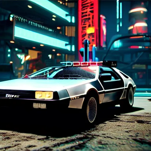 Image similar to flying dmc 1 2 delorean in cyberpunk 2 0 7 7