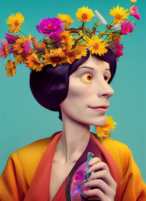 Image similar to an anthropomorphic beautiful female scientist portrait holding a flowers wearing colourful robe, fine art, award winning, intricate, elegant, sharp focus, octane render, hyperrealistic, wizard hat cinematic lighting, highly detailed, digital painting, 8 k concept art, art by jamie hewlett and z. w. gu, masterpiece, trending on artstation, 8 k