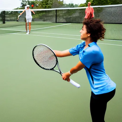 Prompt: a woman playing tennis against a robot, wide shot