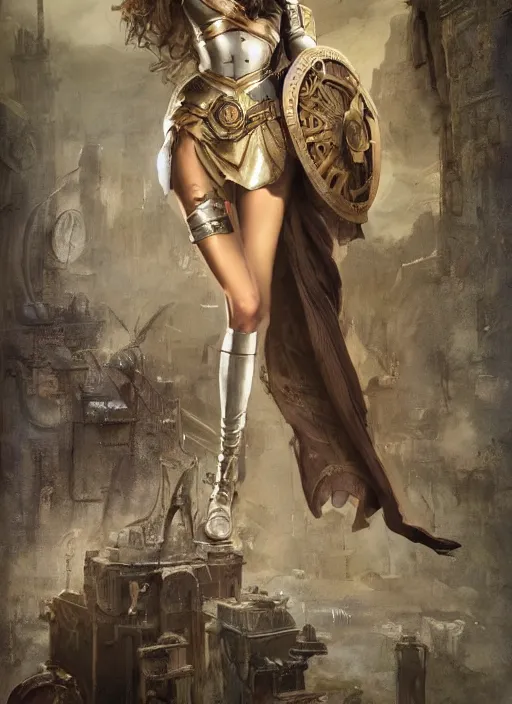 Image similar to highly detailed steampunk gal gadot standing, blond, steel age : leonardo da vinci, greg rutkowski, magali villeneuve