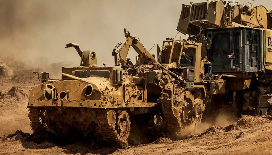 Image similar to big budget movie about the killdozer splattered in blood