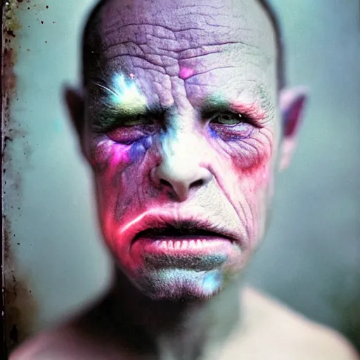 Image similar to a realistic photograph of a orc with colorful galaxy eyes taken by sally mann, portrait, foggy, hazy, muted colors, detailed, bleak, 70mm