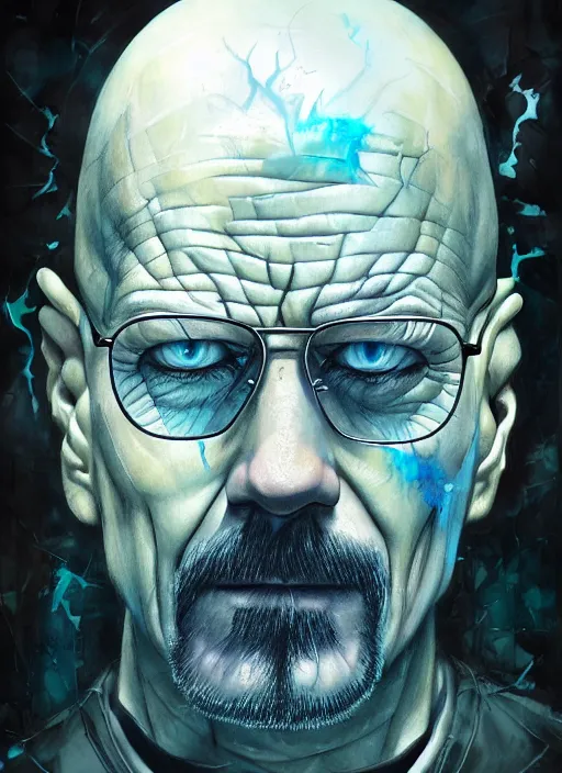 Image similar to a Demon Slayer portrait of Walter White, tall, pale-skinned, crystal blue eyes, chromatic aberration, by Stanley Artgerm, Tom Bagshaw, Arthur Adams, Carne Griffiths, trending on Deviant Art, street art, face enhance, chillwave, maximalist, full of color, glittering