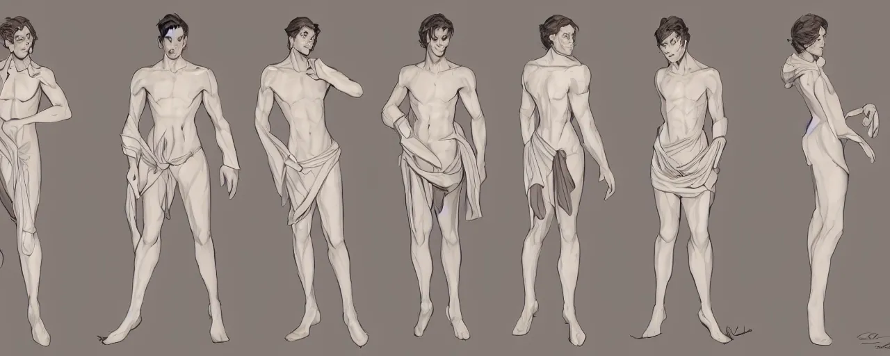 Image similar to character design, reference sheet, ancient white dress, relaxing, cute, super tale, slim, young male, happy, beautiful, elegant, no shoes, open v chest clothes, long dark hair, concept art, photorealistic, hyperdetailed, 3d rendering! , art by Leyendecker! and constable,