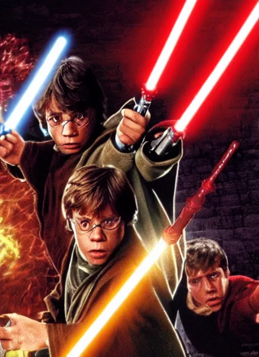 Image similar to Brutal combat Harry Potter vs Luke Skywalker. Film still. Harry Potter on the left side and Luke Skywalker with red light saber on the right side in Hogwarts near a broken X-wing ship, high detail