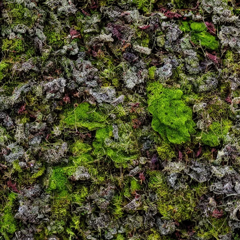 Image similar to a lichens and moss close-up various fungus, mushrooms and plants, inside the picture is infinity, Atmospheric phenomenon, artistic photography, muted colors, conceptual, long exposure outside the city, volumetric light
