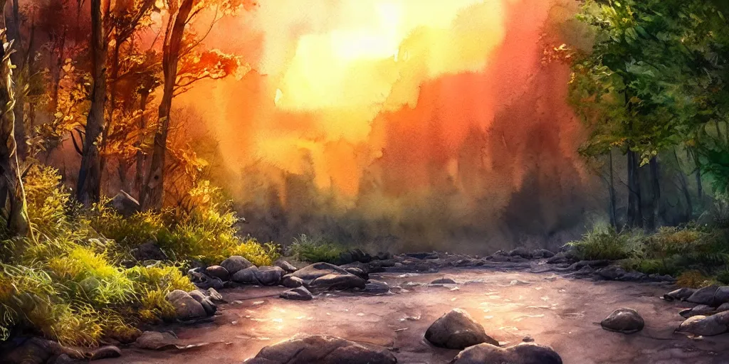 Prompt: nature landscape, watercolor, ultra realistic, highly detailed, hd, sharp focus, cinematic lighting, warm colors, realistic, photorealistic, vivid colors, painting, digital art, non blurry, sharp, artstation, smooth, illustration