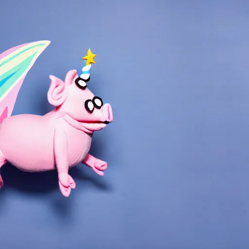 Prompt: studio photograph of a happy flying pig with wings with a unicorn horn depicted as a muppet