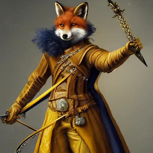 Prompt: anthropomorphic fox wielding a rapier and dagger, 17th century dutch attire, portrait, highly detailed, digital painting, artstation, concept art, sharp focus, illustration, art by artgerm and greg rutkowski and magali villeneuve, blue and gold color scheme