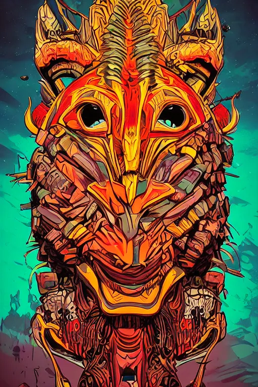 Image similar to totem animal tribal chaman vodoo mask feather gemstone plant wood rock video game illustration vivid color borderlands by josan gonzales and dan mumford radiating a glowing aura