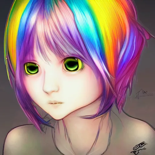 Prompt: catgirl with short rainbow hair, digital art, by Yoshitaka Amano, trending on artstation, 4k, highly detailed, psychedelic, cat ears