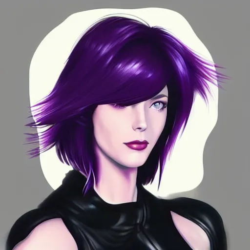 Image similar to A combination of Grace Kelly's and Katheryn Winnick's and Ashley Greene's faces with short violet hair as Motoko Kusanagi from Ghost in The Shell, cyberpunk style, synthwave aesthetic, fantasy, intricate, elegant, highly detailed, digital painting, artstation, concept art, matte, sharp focus, illustration, half body portrait, anime style, art by Artgerm and Greg Rutkowski and Alphonse Mucha