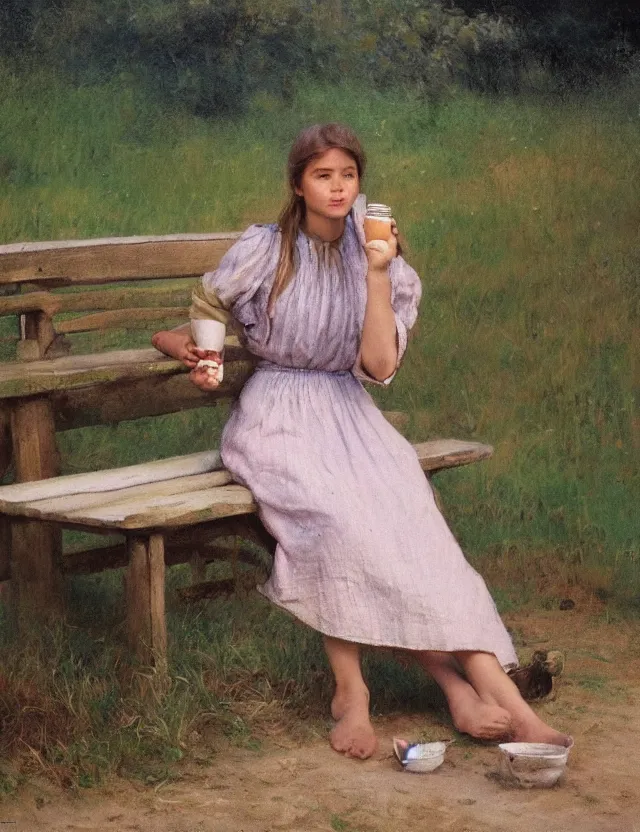 Image similar to portrait of peasant girl sitting on a bench and drinking milk, cottage core, cinematic focus, polaroid photo bleached vintage pastel colors high - key lighting, soft lights, foggy, by steve hanks, by lisa yuskavage, by serov valentin, by tarkovsky, 8 k render, detailed, oil on canvas