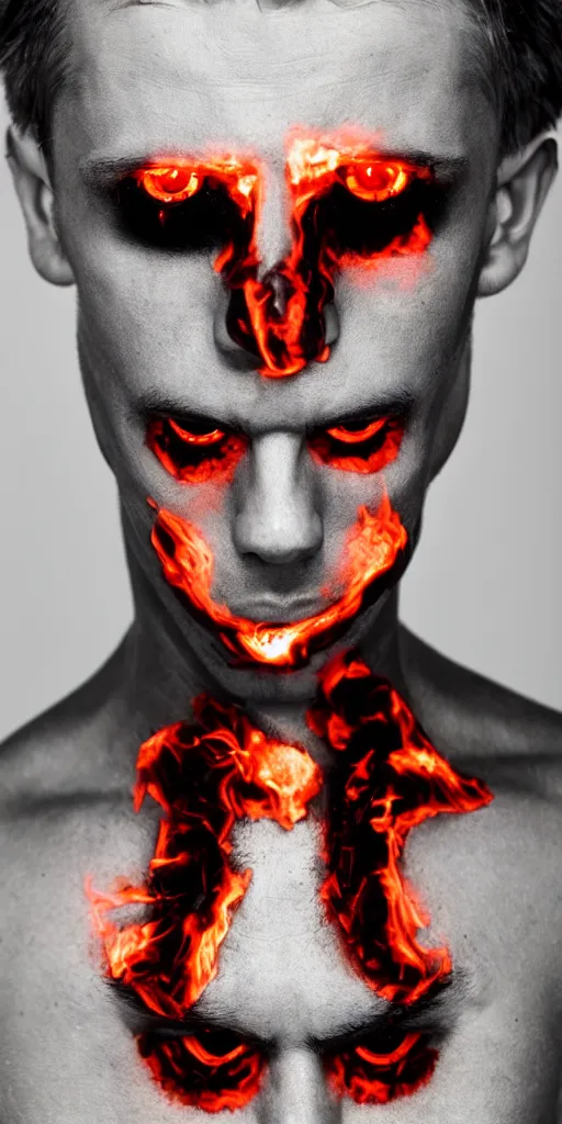 Image similar to a male model with glowing inferno eyes, frontal view, cool looking