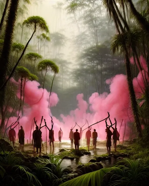 Image similar to a hyper - detailed 3 d render like an oil painting of tribe members in a tropical forest with pink smoke!!!!! surreal concept art, lifelike, photorealistic, digital painting, aesthetic, smooth, sharp focus, artstation hd, by greg rutkowski, bruce pennington, valentina remenar, rhads, asher duran,