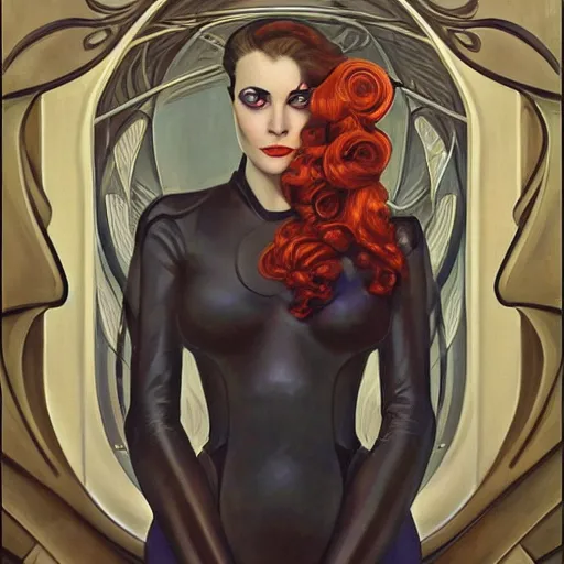 Image similar to a streamline moderne, ( art nouveau ), ( ( dieselpunk ) ) portrait in the style of charlie bowater, and in the style of donato giancola, and in the style of charles dulac. symmetry, ultrasharp focus, dramatic lighting, semirealism, intricate symmetrical ultrafine background detail.