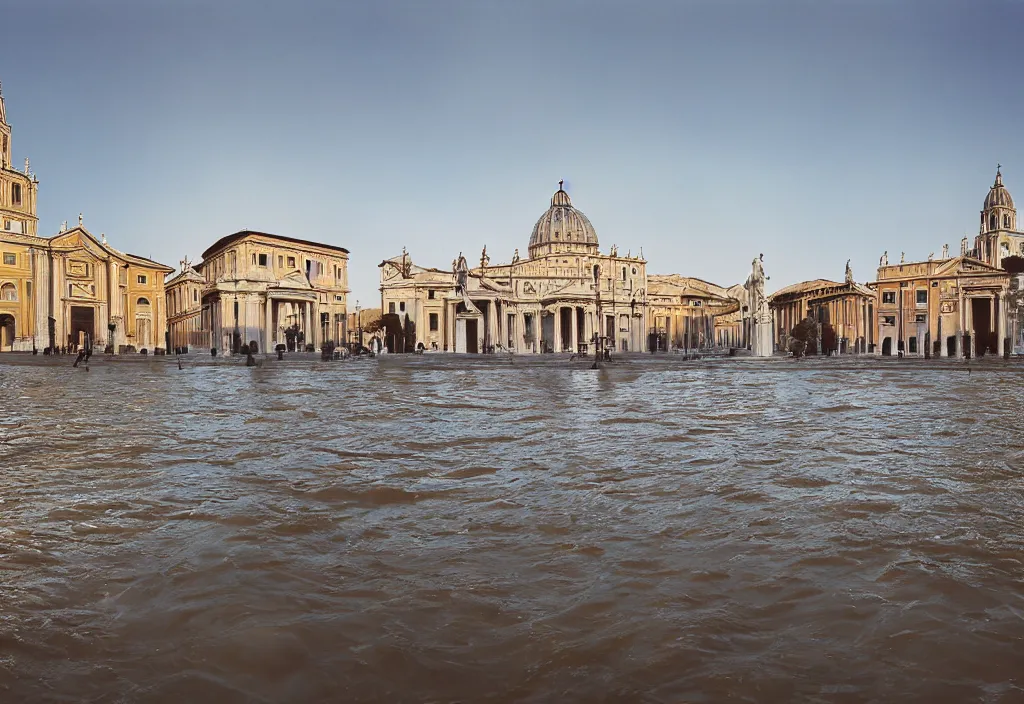 Image similar to kodak portra 4 0 0 photographic and realistic, st. peter's square in rome, detailed, octane render, unreal engine, 4 k, artstation, hyper realistic, wide angle, floor flooded, how a river, objects that float, 3 5 mm, sharp focus, soft light, volumetric light fog, in the style of gregory crewdson