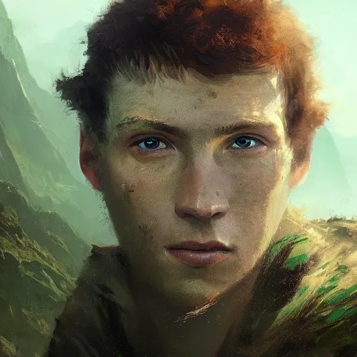 Image similar to masterpiece closeup portrait of a young man with short red hair and green eyes, wearing adventuring gear, by Greg Rutkowski, 4k, masterpiece, matte painting, dungeons and dragons, detailed