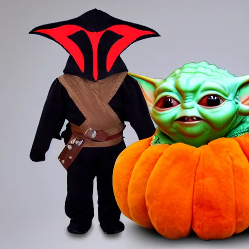 Image similar to the mandalorian in a large, stuffed, mango halloween costume. baby yoda stands next to him in a goard costume