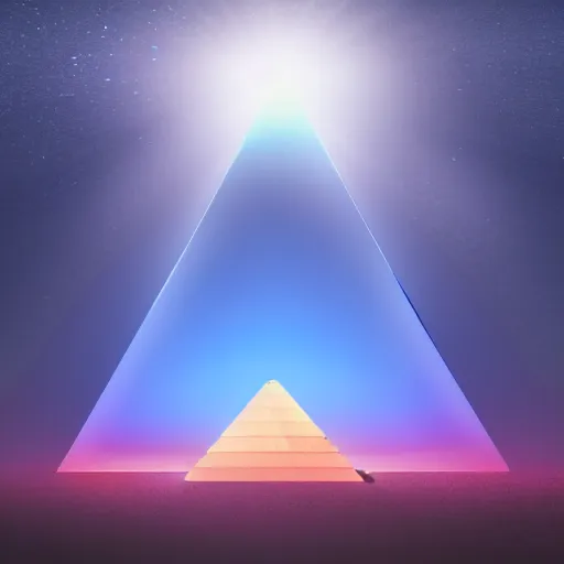Image similar to big pyramid with blue glow lights and fog in background, huge spaceship in sky, cinematic looking, drama, scary