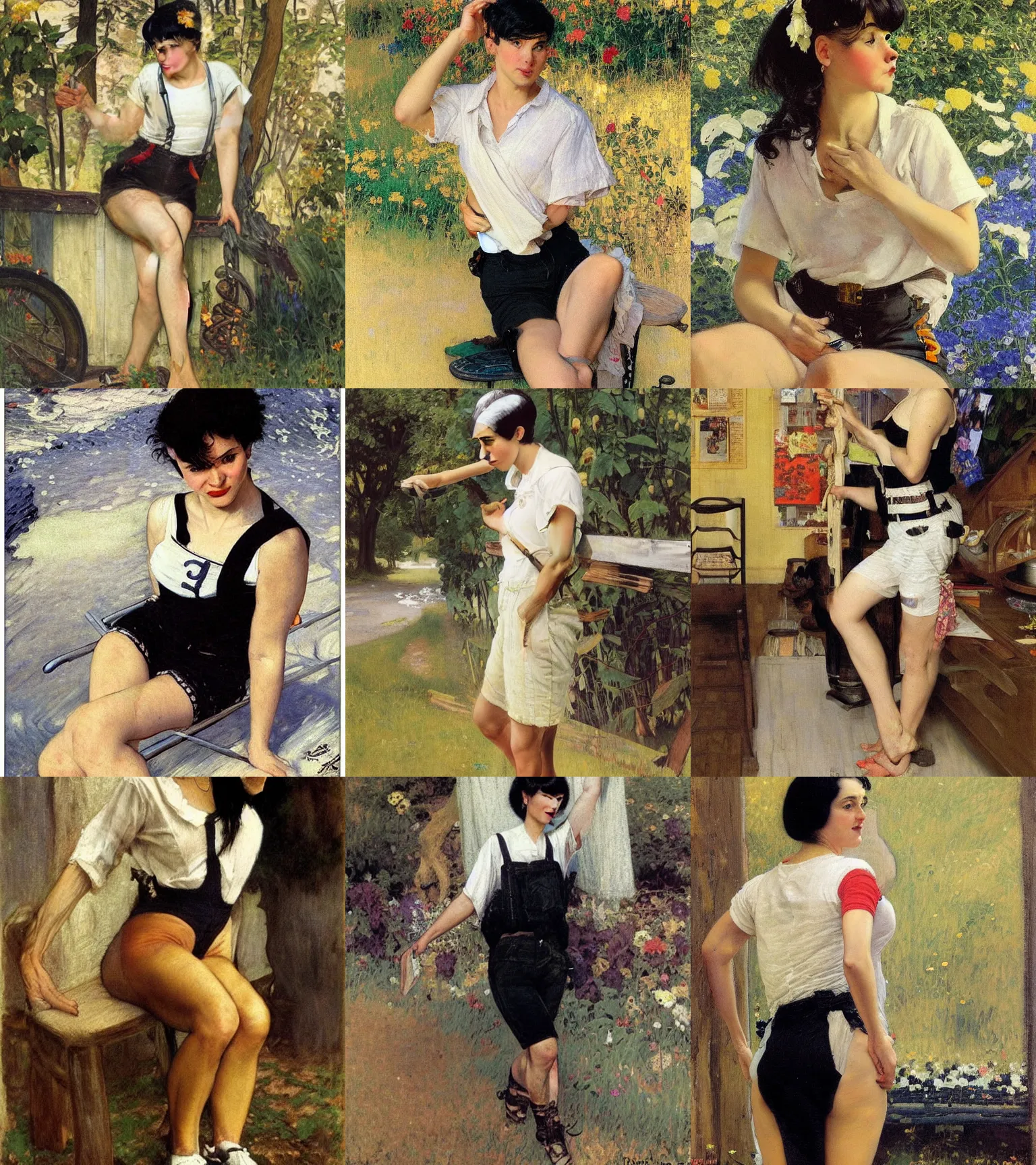 Prompt: a woman with black hair and long pixie haircut in shorts with suspenders and white t-shirt drawn by Peder Severin Kroyer, norman rockwell, frank frazetta, alphonso azpiri, maler collier, peter paul rubens, alphonse mucha, gustav klimt 4k, unreal 5, DAZ, french noveau, trending on artstation, octane render, hyperrealistic