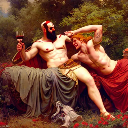 Image similar to ares the god of war tickles achilles the champion on a feather bed in a meadow, dionysus drinks wine in the background she is smirking, painting by gaston bussiere, craig mullins, j. c. leyendecker, tom of finland