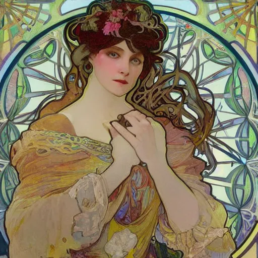 Image similar to a new fresh and epic Alfons Mucha painting