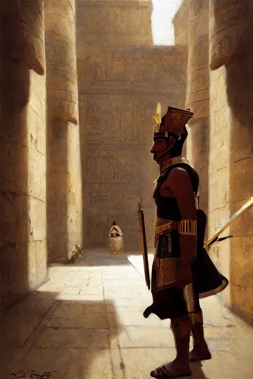 Image similar to an ancient egyptian palace guard walking through the egyptian courtyard by anders zorn, wonderful, masterpiece by greg rutkowski, beautiful cinematic light, by greg manchess, jessica rossier