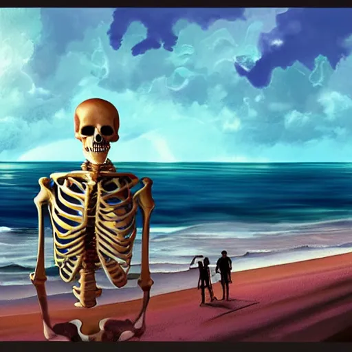 Image similar to Beautiful digital painting portrait of relaxed (((skeleton walking on the tropical beach))) with nuclear bomb explosion in the background!!!, by James Gurney, high quality, trending on Artstation, aesthetic lightning, anatomically correct skeleton, high coherence, blue sky