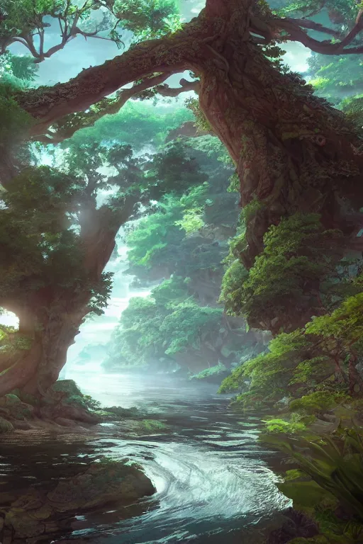 Image similar to beautiful river flowing through a giant ancient tree, serene evening atmosphere, soft lens, soft light, cel - shading, animation, in the style of cgsociety, deviantart, artstation, zbrush, cinema 4 d, studio ghibli, akihiko yoshida, atelier lulua, masamune shirow