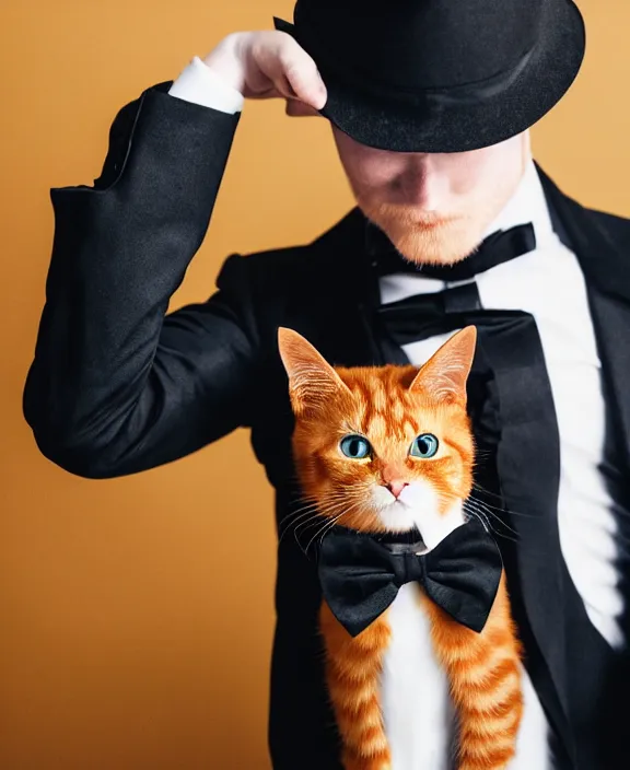 Image similar to award winning photography of a cute ginger cat wearing a smart black suit and a red bowtie