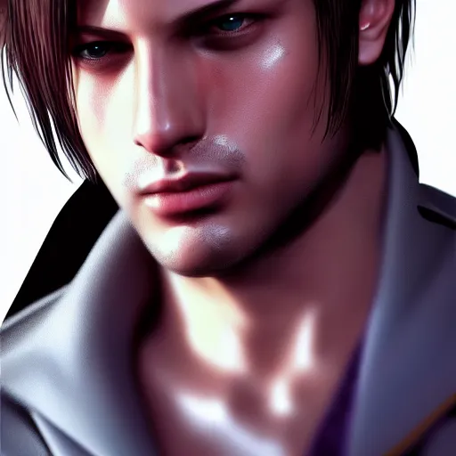 Image similar to 3 / 4 view painting of leon s kennedy portrait, hyperdetailed, artstation, cgsociety, 8 k, synthwave by tangerine dream