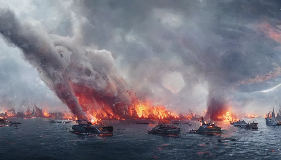 Image similar to tornado destroy marseille, fire, ashes and smoke columns, boats on the sea, hyperdetailed, artstation, cgsociety, 8 k