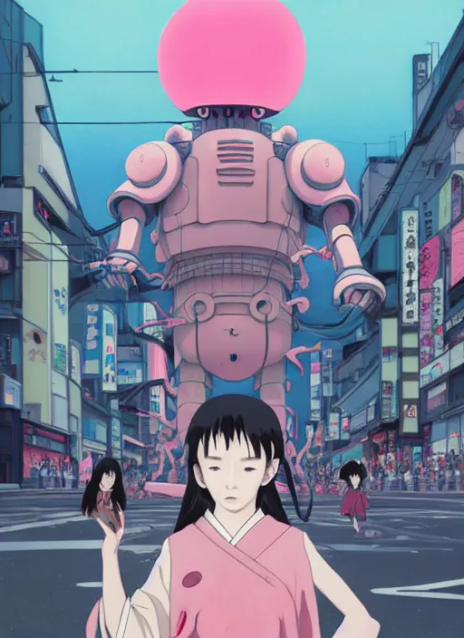 Image similar to Artwork by James Jean, Phil noto and hiyao Miyazaki; a young Japanese future samurai police girl named Yoshimi battles an enormous looming evil natured carnivorous pink robot on the streets of Tokyo; Japanese shops and neon signage; crowds of people running; Art work by studio ghibli, Phil noto and James Jean